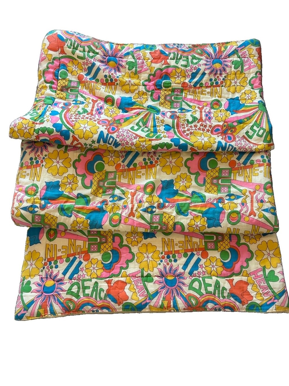 Vintage 70s Psychedelic Hippie Flower Power Peace Love Twin Quilt Bedspread